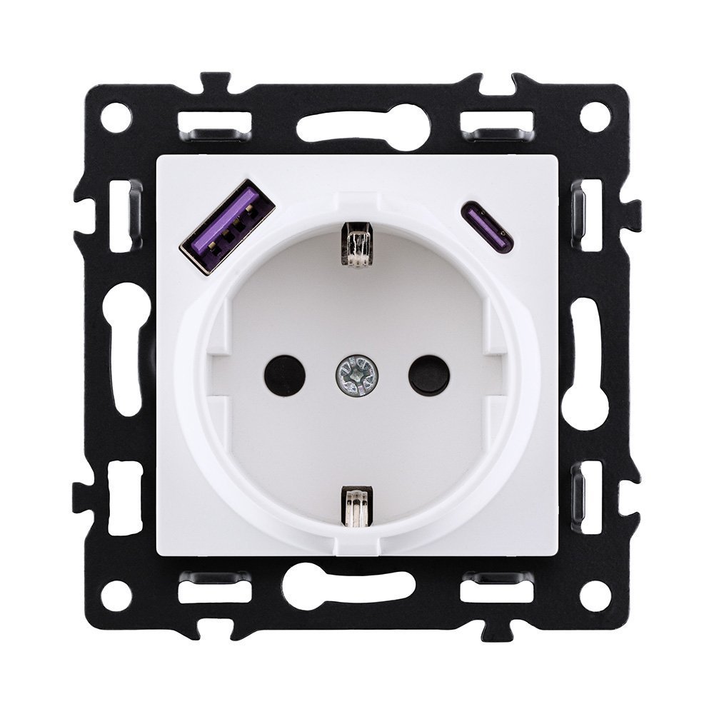 AS-016WH Розетка штепсельная SCHUKO 16A/250 В с USB A+C 20W, белый Kollinger Asthetik AS-016WH