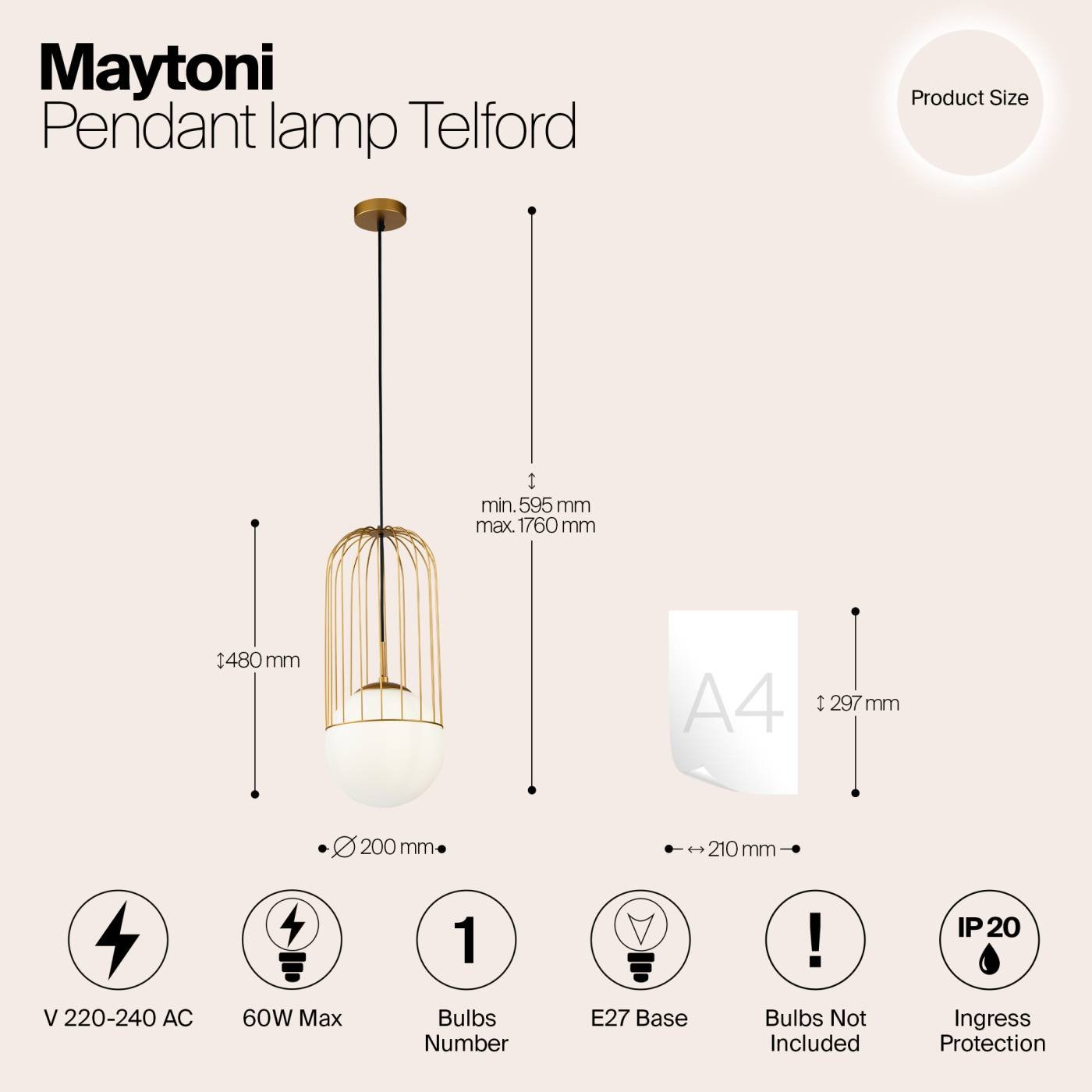 Светильник подвесной Maytoni Telford P363PL-01G