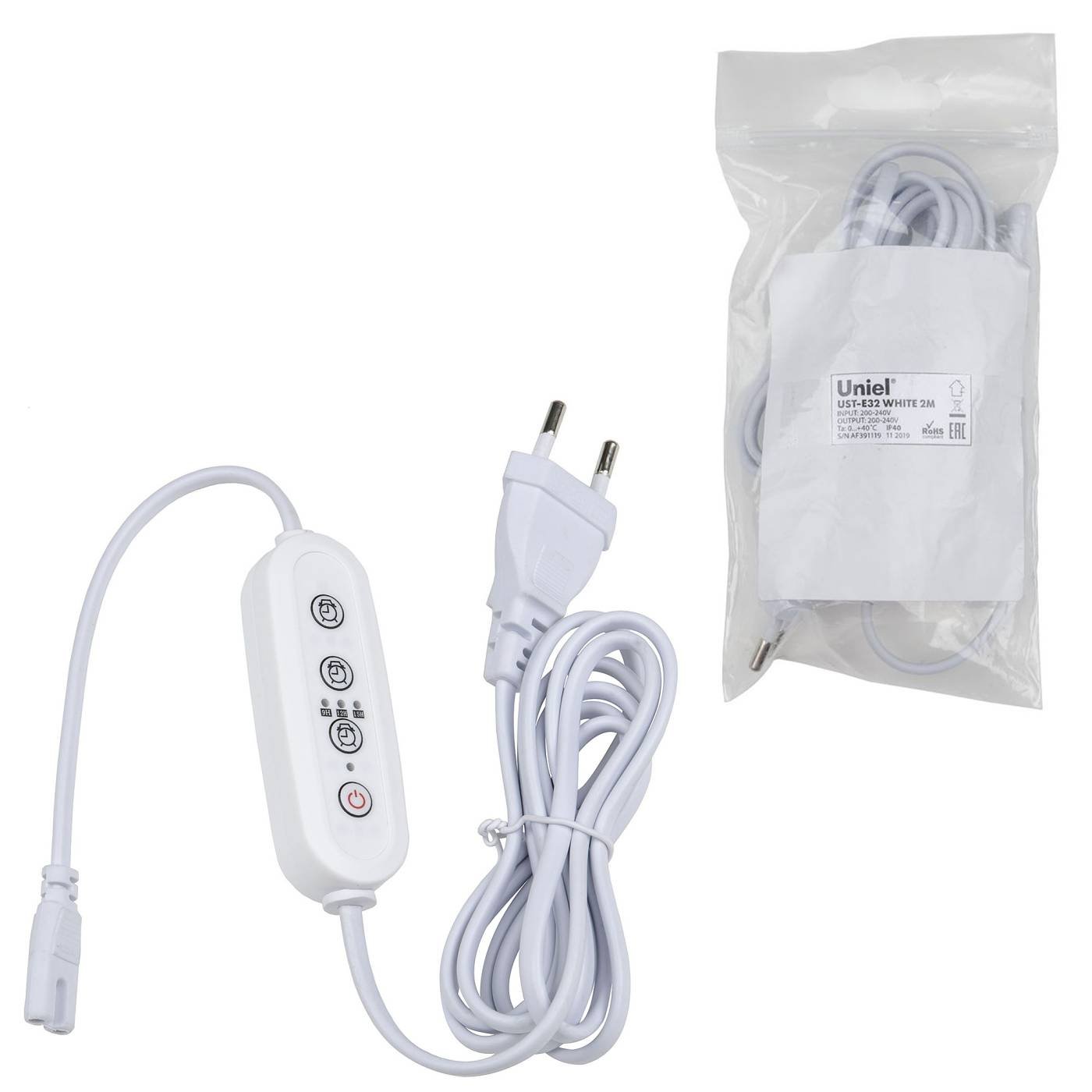 Таймер с вилкой и разъемом L,N для фито светильника, 220В. 150Вт. Uniel UST-E32 WHITE 2M