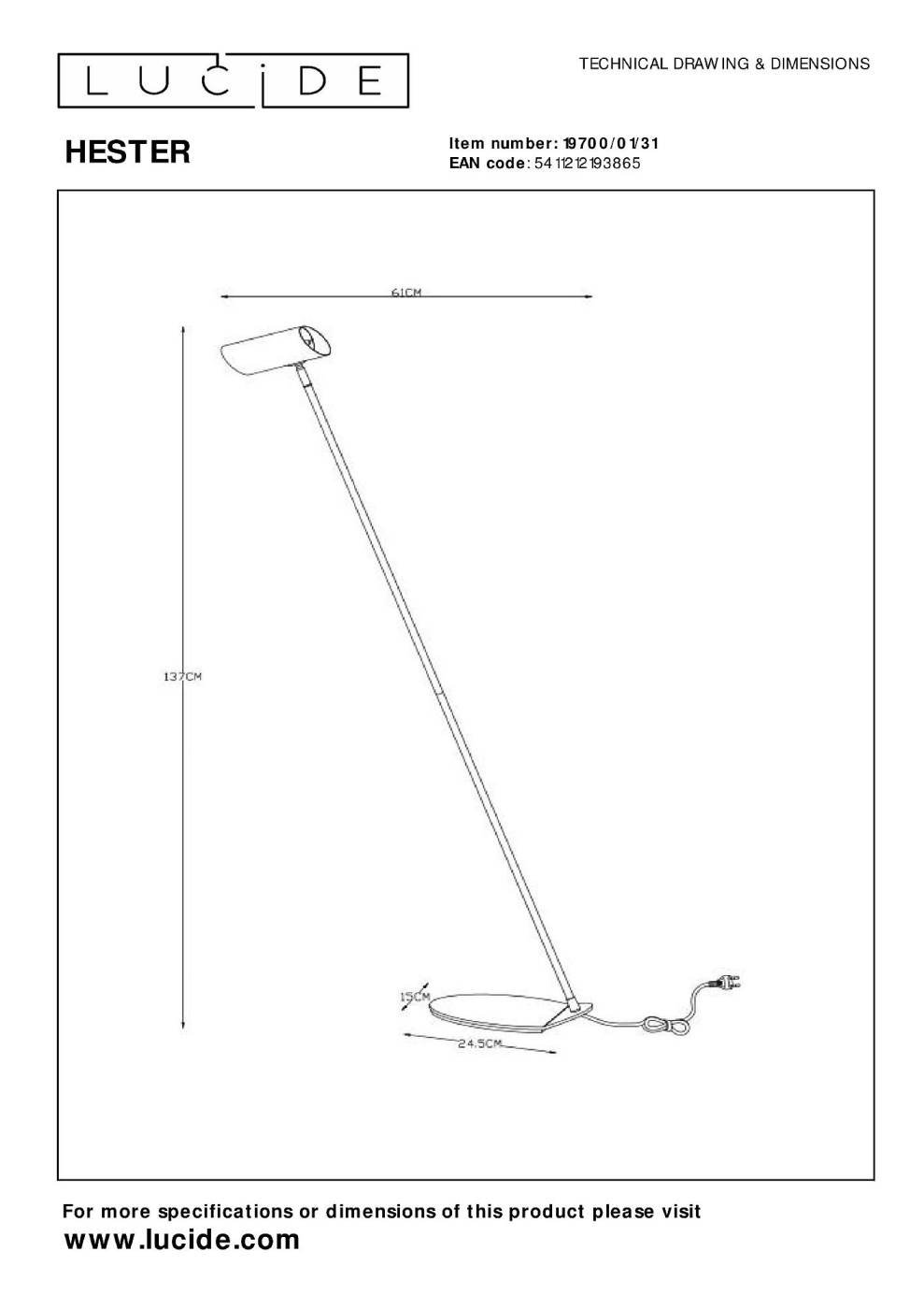 Торшер наклонный Hester 19700/01/31 Lucide