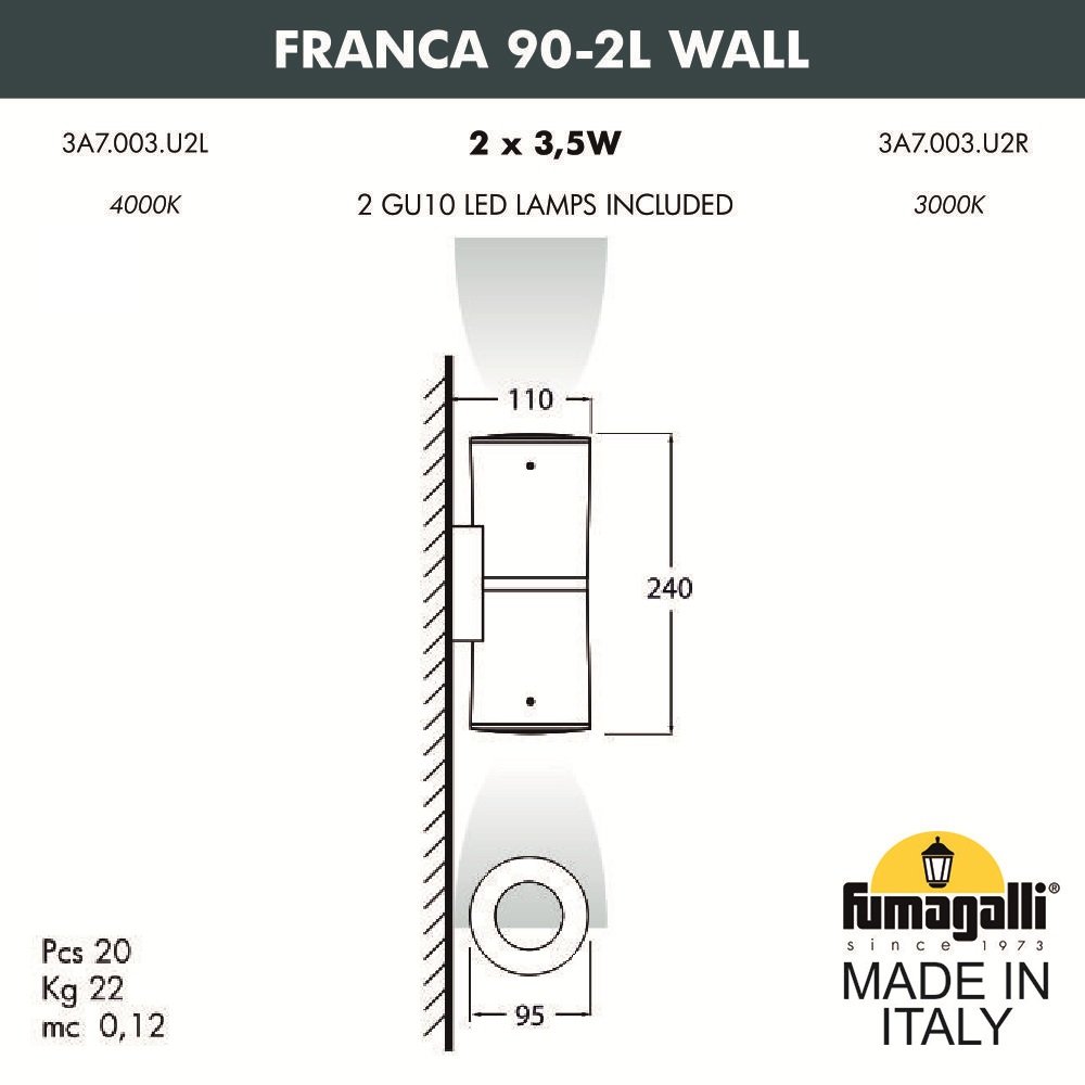 3A7.003.000.LXU2L Уличный настенный светильник Fumagalli Franca 90 3A7.003.000.LXU2L