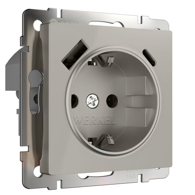 Розетка Werkel W1271704/ Розетка с заземлением, шторками и USB тип A+C (дымчатый)