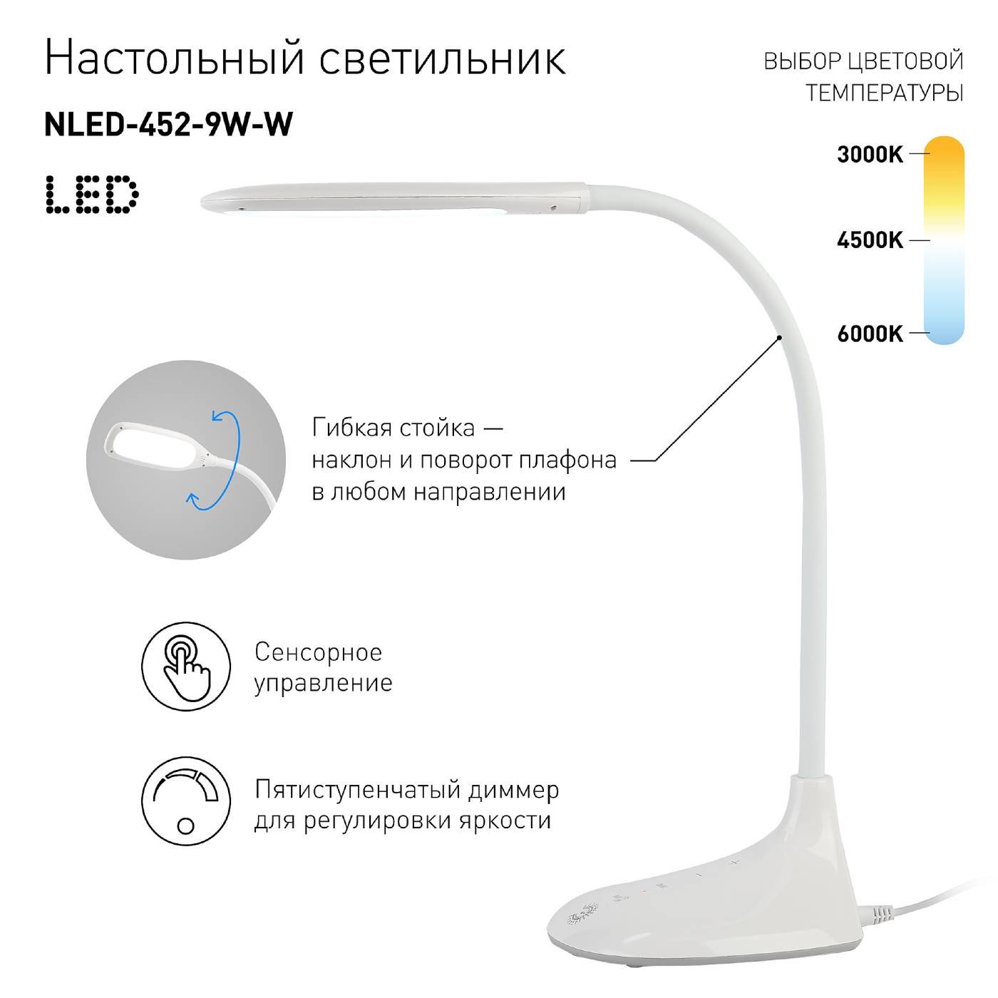Офисная настольная лампа ЭРА NLED-452-9W-W