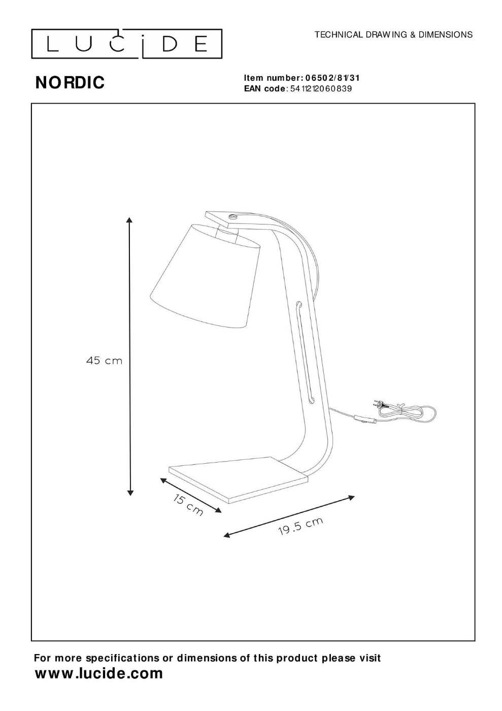 06502/81/31 Настольная лампа Lucide Nordic 06502/81/31