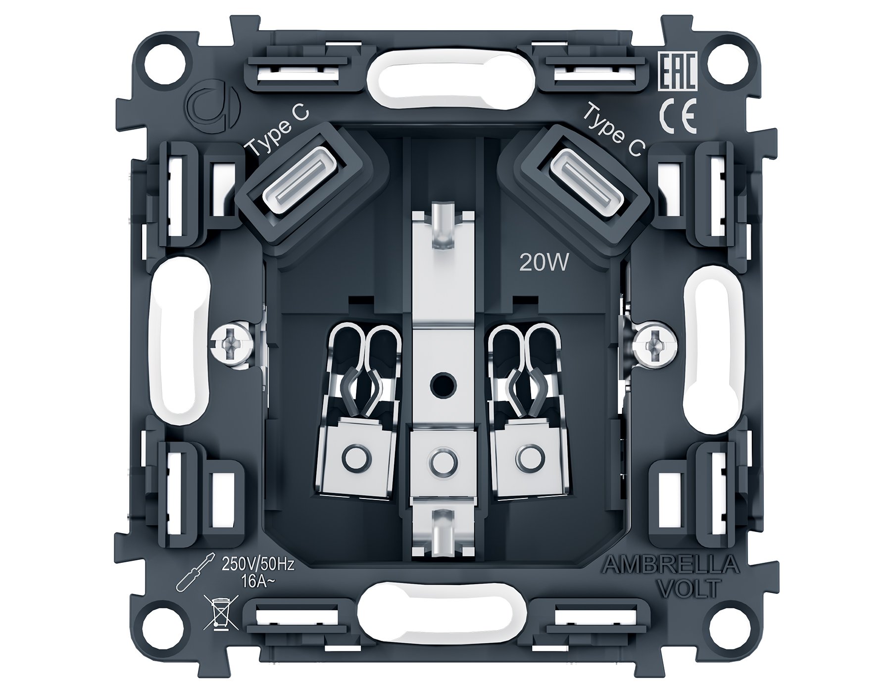 PR165 PR165 Механизм электрической розетки 2USB С+C 20W (быстрая зарядка) с/з на винтовых зажимах 16A-250V QUANT PRO
