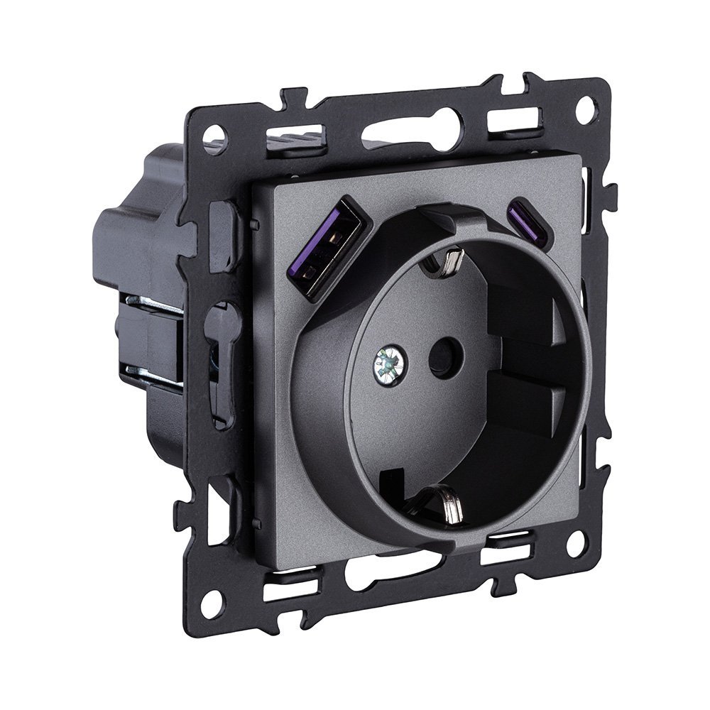AS-016GY Розетка штепсельная SCHUKO 16A/250 В с USB A+C 20W, серый Kollinger Asthetik AS-016GY