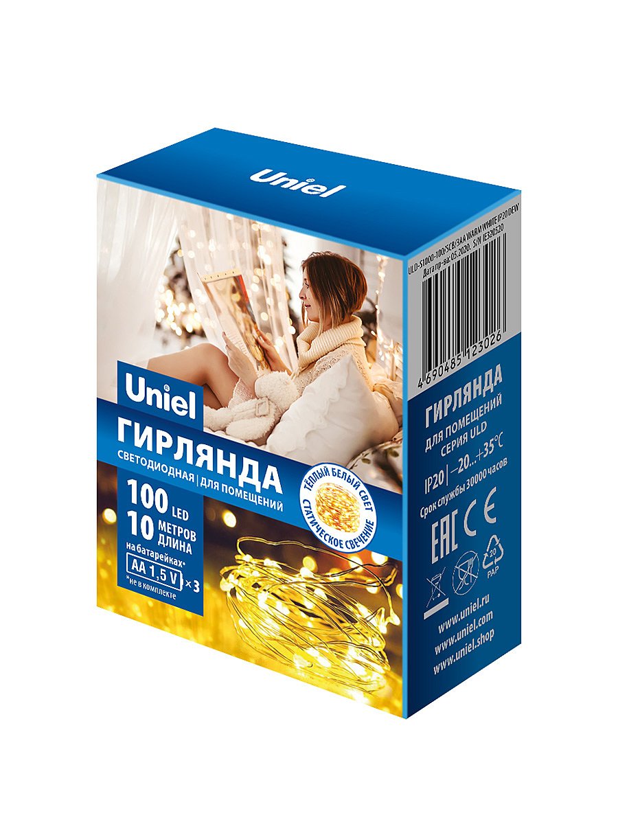 Гирлянда Uniel ULD-S1000-100/SCB/3AA WARM WHITE IP20 DEW