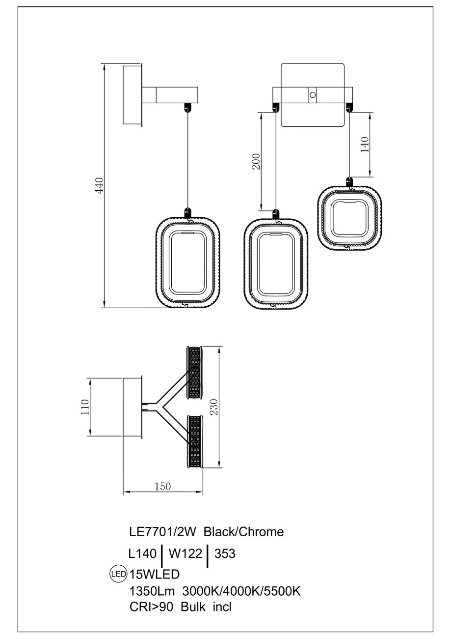 LE7701/2W Grey/Black Chrome Настенное бра LEON Theona LE7701/2W Grey/Black Chrome