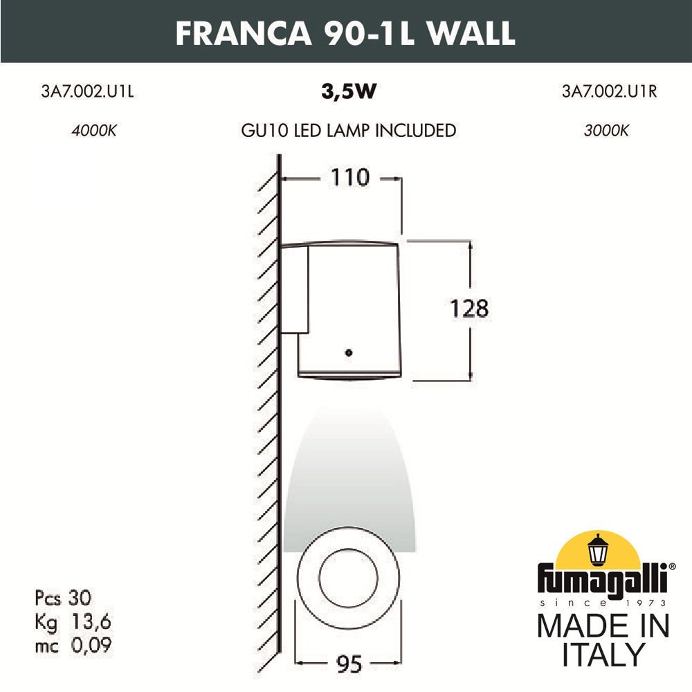 3A7.002.000.WXU1L Уличный настенный светильник Fumagalli Franca 90 3A7.002.000.WXU1L