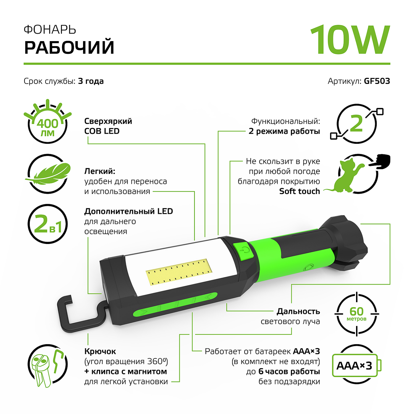 Фонарик Gauss Фонарь рабочий GF503