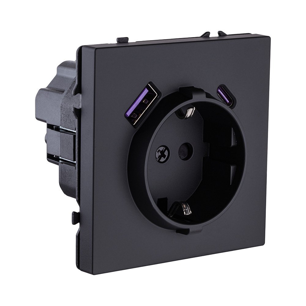 EC-016BK Розетка штепсельная SCHUKO 16A/250 В с USB A+C 20W, черный матовый Kollinger Eclipse EC-016BK
