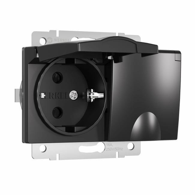 W1172208/ Розетка двойная влагозащ. с зазем. с защит. крышками и шторками (черный матовый) Розетка Werkel W1172208/ Розетка двойная влагозащ. с зазем. с защит. крышками и шторками (черный матовый)