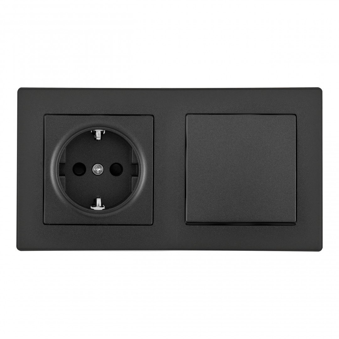 SET06-2-30-1-40-1 black Выключатель одноклавишный с розеткой с заземлением и шторками Arte Milano Set06-2 SET06-2-30-1-40-1 black