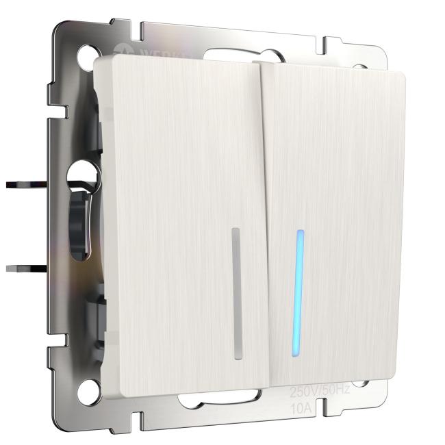 W1122113/ Выключатель двухклавишный проходной с подсветкой (перламутровый рифленый) Выключатель Werkel W1122113/ Выключатель двухклавишный проходной с подсветкой (перламутровый рифленый)