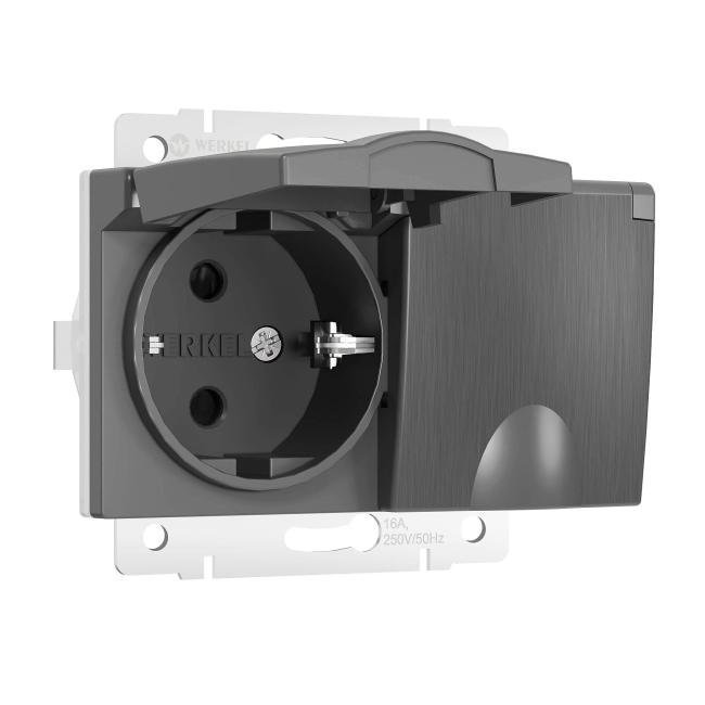 W1172204/ Розетка двойная влагозащ. с зазем. с защит. крышками и шторками (графит рифленый) Розетка Werkel W1172204/ Розетка двойная влагозащ. с зазем. с защит. крышками и шторками (графит рифленый)