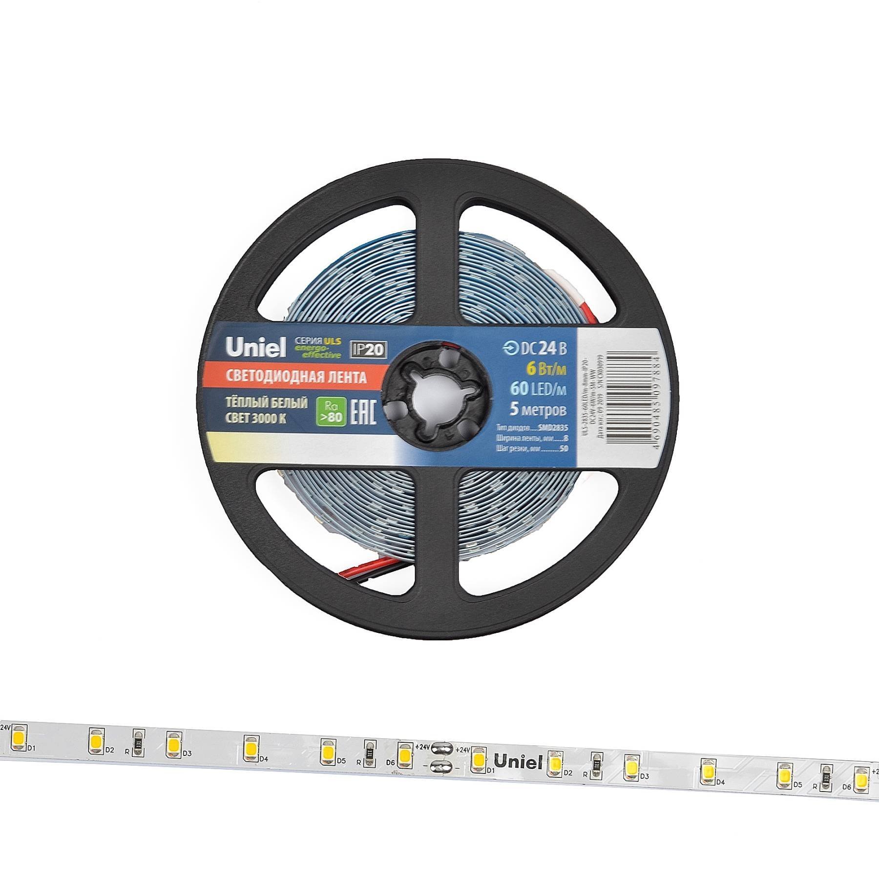 ULS-2835-60LED/m-8mm-IP20-DC24V-6W/m-5M-WW катушка в герметичной упаковке LED лента Uniel ULS-2835-60LED/m-8mm-IP20-DC24V-6W/m-5M-WW катушка в герметичной упаковке