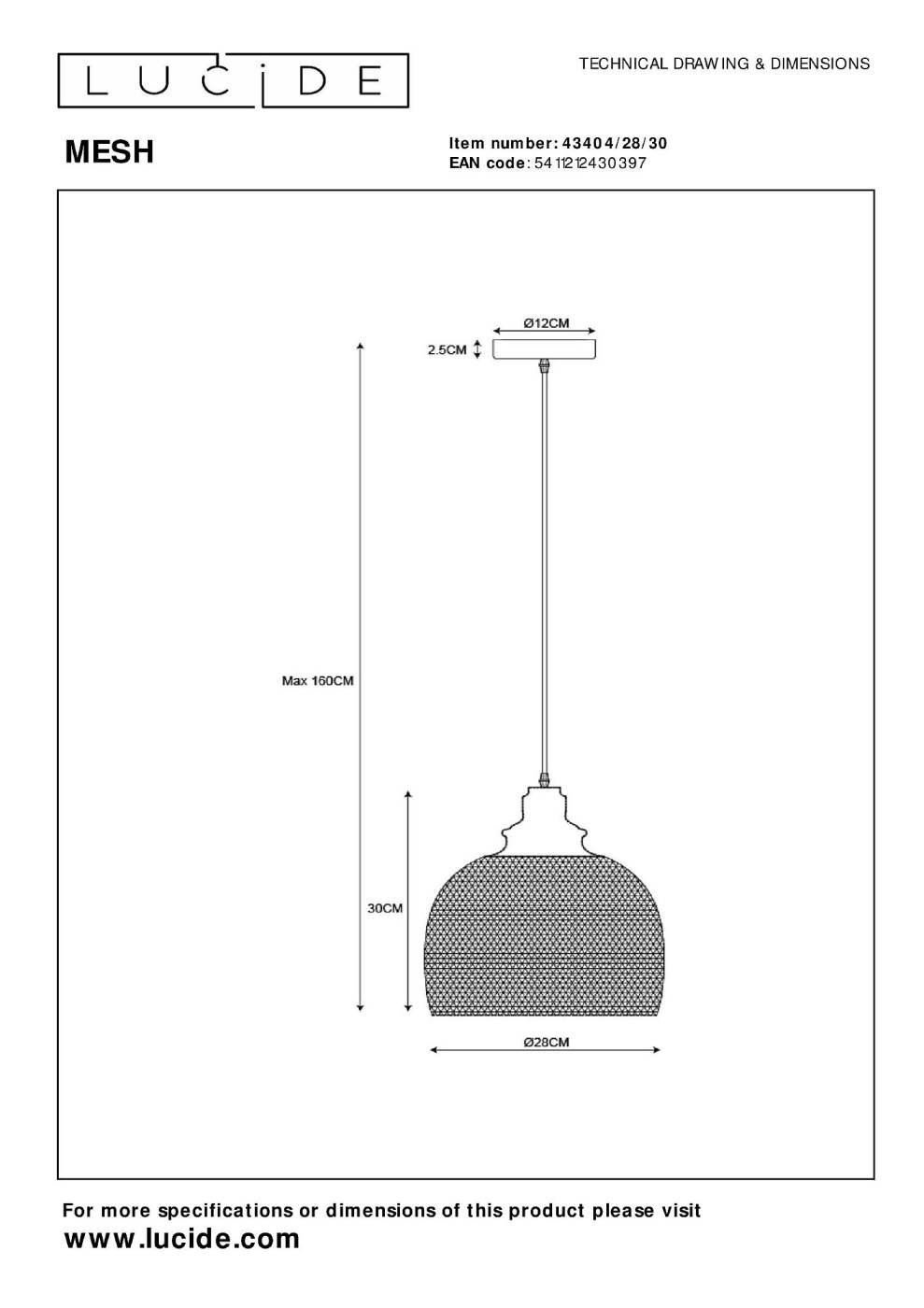 43404/28/30 Светильник подвесной Lucide Mesh 43404/28/30