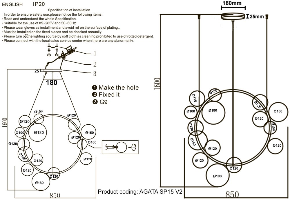Подвесная люстра Crystal Lux Agata AGATA SP15 V2 BLACK/TRANSPARENTE