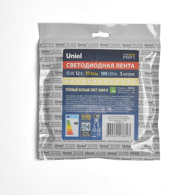 LED лента Uniel ULS-M16-2835-180LED/m-10mm-IP20-DC12V-17W/m-5M-3000K PROFI катушка в герметичной упаковке