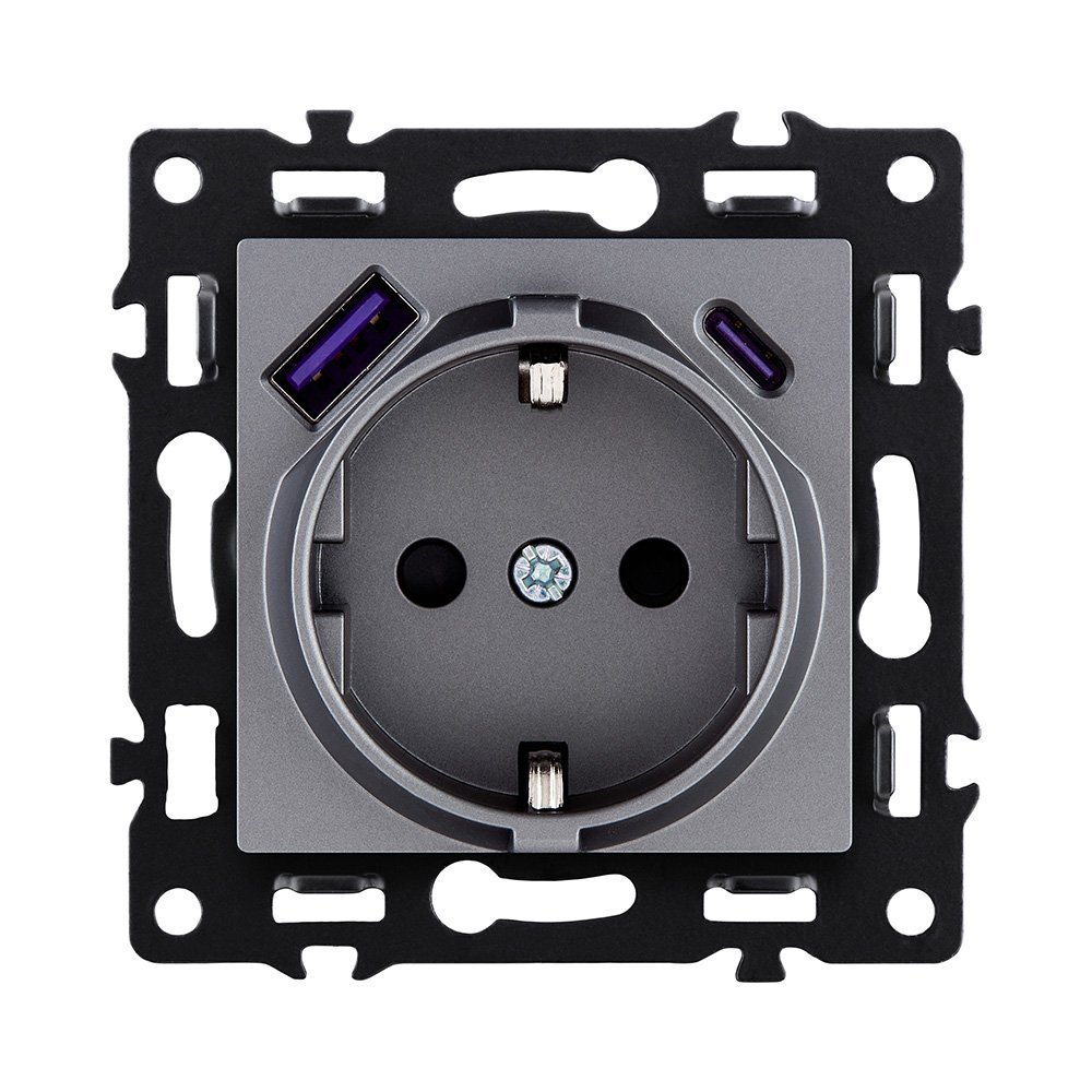 AS-016GY Розетка штепсельная SCHUKO 16A/250 В с USB A+C 20W, серый Kollinger Asthetik AS-016GY
