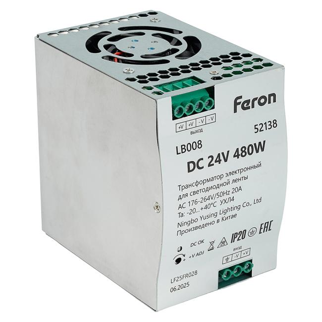 Трансформатор электронный для светодиодной ленты на DIN-рейку 480W 24V Feron LB008 52138