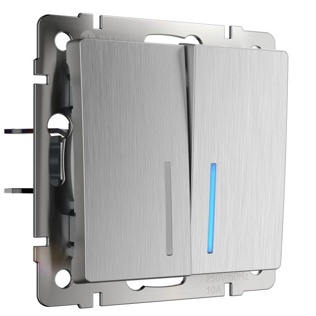 Выключатель Werkel W1120109/ Выключатель двухклавишный с подсветкой (cеребряный рифленый)