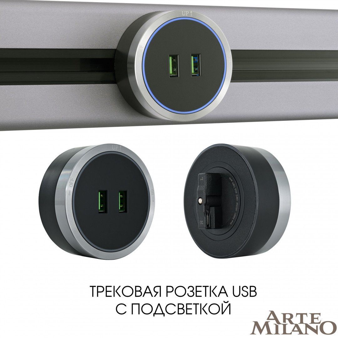 Трековая розетка Arte Milano Am-track-sockets 380066TS LED/USBx2 Grey