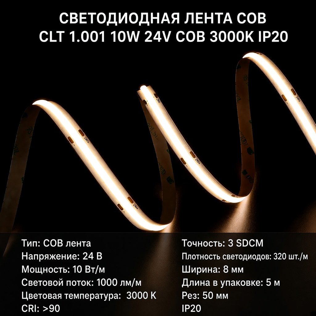 CLT 1.001 10W 24V COB 3000K IP20 Светодиодная лента Line Crystal Lux CLT 1.001 10W 24V COB 3000K IP20