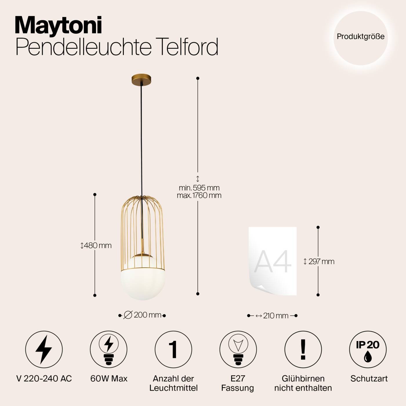 Светильник подвесной Maytoni Telford P363PL-01G