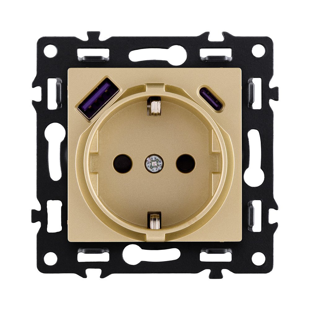 AS-016GD Розетка штепсельная SCHUKO 16A/250 В с USB A+C 20W, золотой Kollinger Asthetik AS-016GD