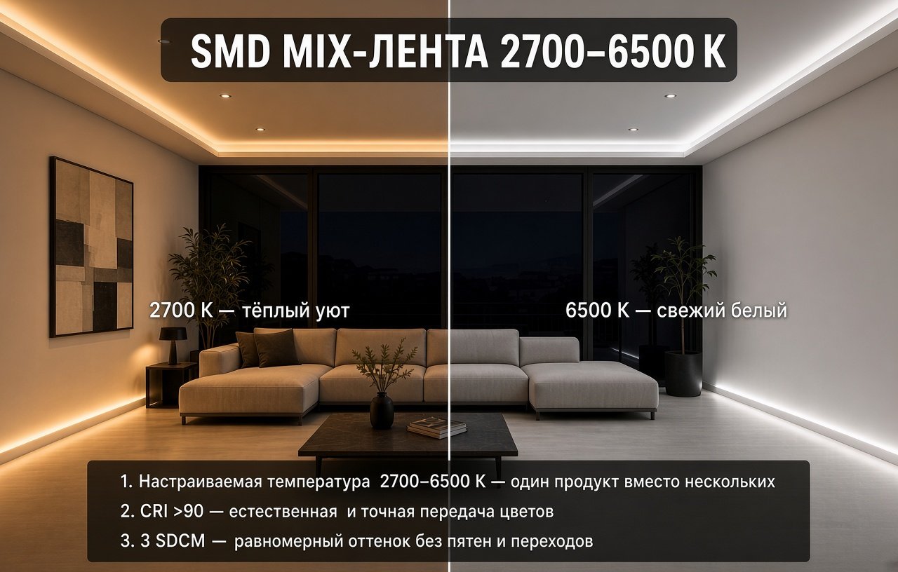 CLT 1.002 10W 24V SMD 2700-6500K IP20 Светодиодная лента Line Crystal Lux CLT 1.002 10W 24V SMD 2700-6500K IP20