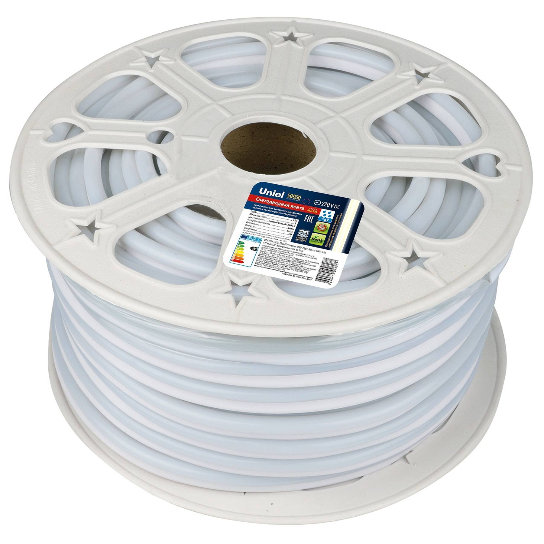 ULS-N21-2835-120LED/m-8mm-IP67-220V-8W/m-50M-WW бобина Светодиодный шнур Uniel ULS-N21-2835-120LED/m-8mm-IP67-220V-8W/m-50M-WW бобина