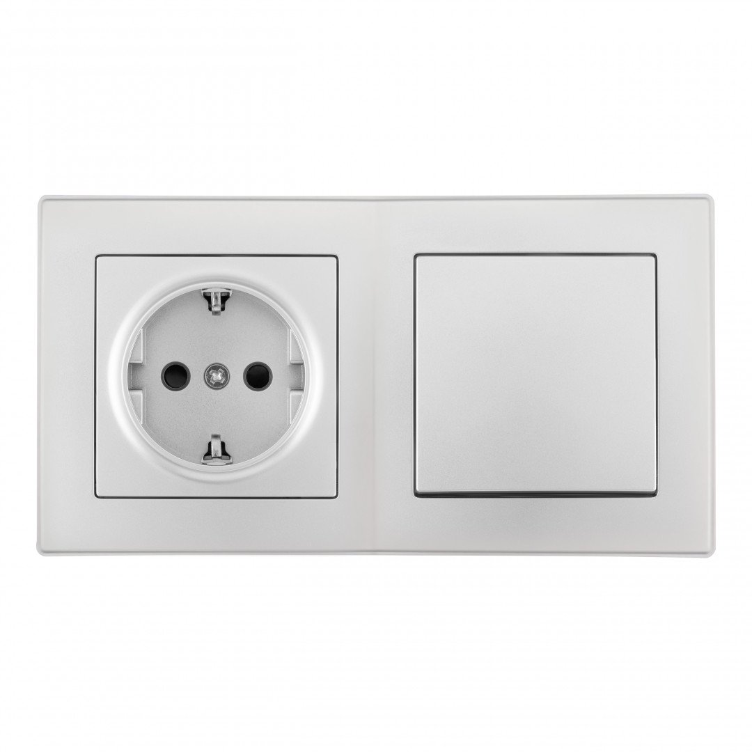SET06-2-30-1-40-1 silver Выключатель одноклавишный с розеткой с заземлением и шторками Arte Milano Set06-2 SET06-2-30-1-40-1 silver
