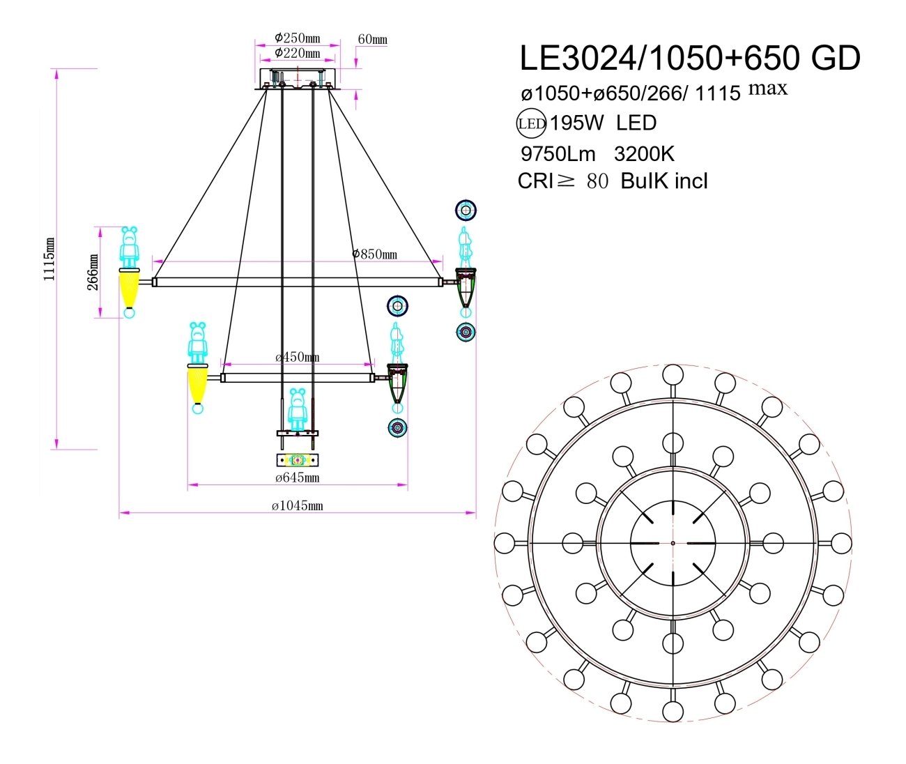 Подвесная люстра LEON Joli LE3024/1050+650 GD