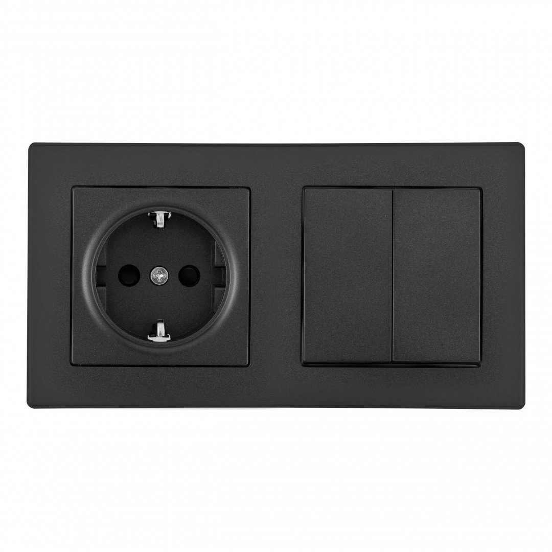 SET06-2-30-2-40-1 black Выключатель двухклавишный с розеткой с заземлением и шторками Arte Milano Set06-2 SET06-2-30-2-40-1 black