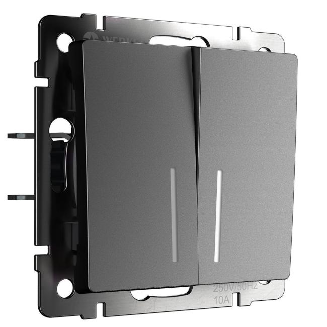 W1122164/ Выключатель двухклавишный проходной с подсветкой (графит матовый) Выключатель Werkel W1122164/ Выключатель двухклавишный проходной с подсветкой (графит матовый)