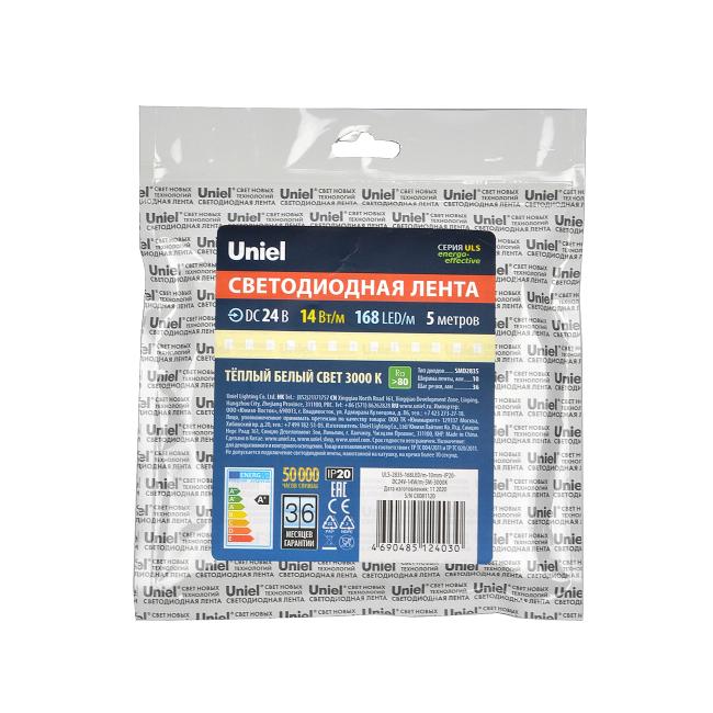 ULS-2835-168LED/m-10mm-IP20-DC24V-14W/m-5M-3000K катушка в герметичной упаковке LED лента Uniel ULS-2835-168LED/m-10mm-IP20-DC24V-14W/m-5M-3000K катушка в герметичной упаковке