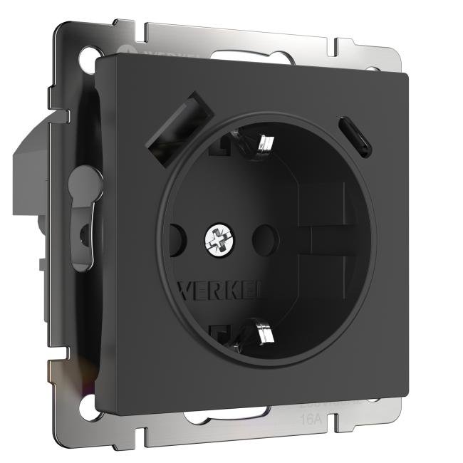 Розетка Werkel W1171708/ Розетка с заземлением, шторками и USB тип A+C (черный)