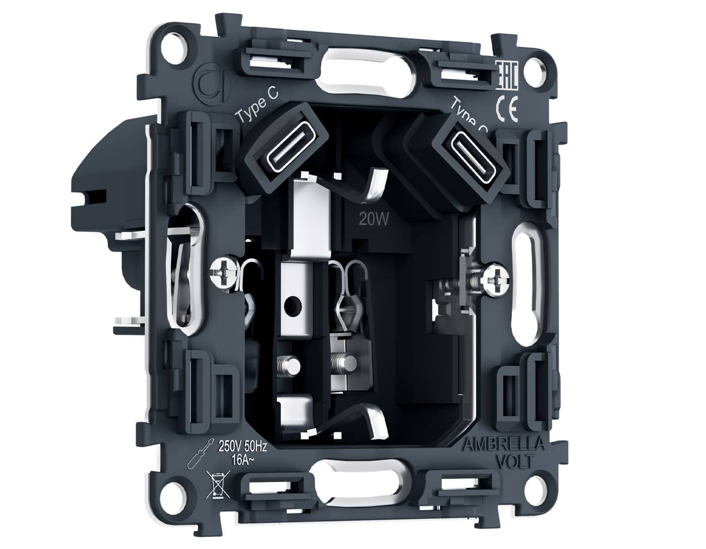 PR165 PR165 Механизм электрической розетки 2USB С+C 20W (быстрая зарядка) с/з на винтовых зажимах 16A-250V QUANT PRO
