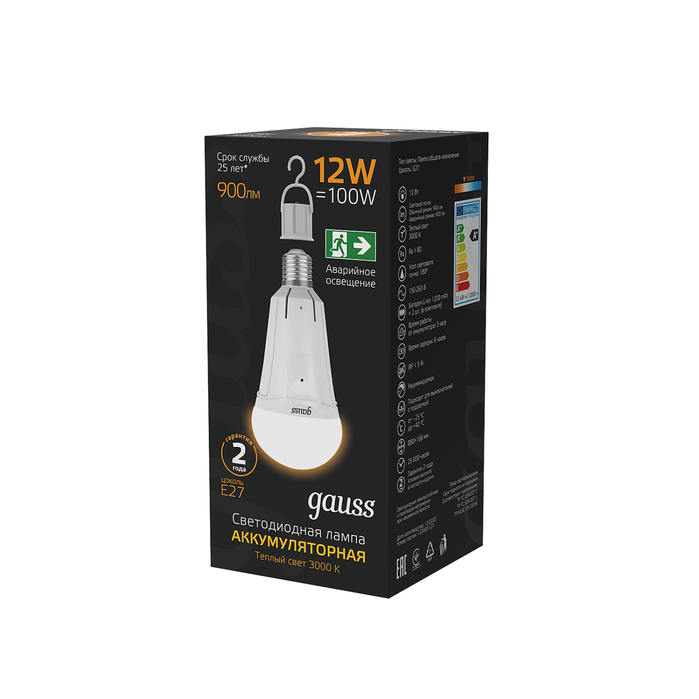 Лампа Gauss A80 12W 900lm 3000K Е27 авар. с Li-Ion аккумулятором LED 102002112