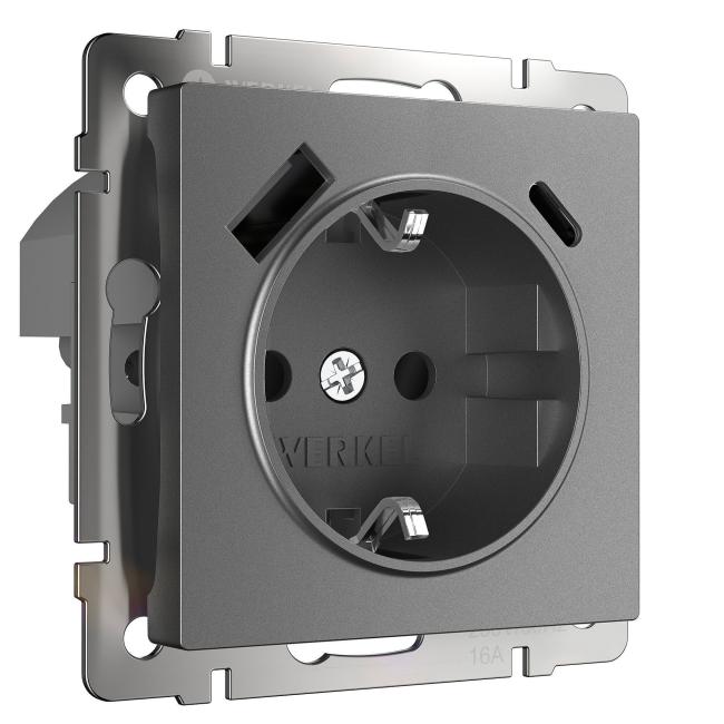 Розетка Werkel W1171764/ Розетка с заземлением, шторками и USB тип A+C (графит матовый)