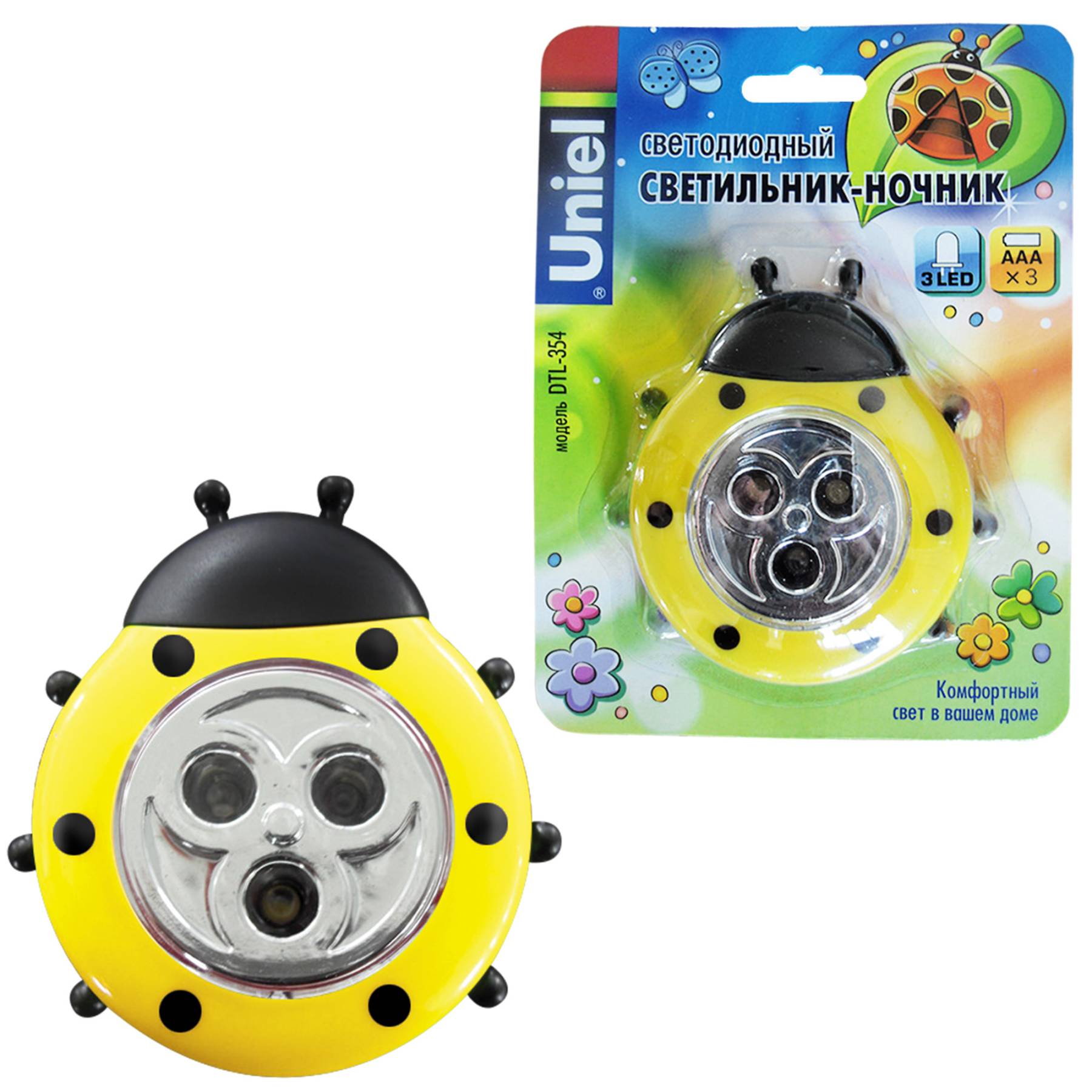 DTL-354 Божья Коровка/Yellow/3LED/3AAA Детский ночник Uniel DTL-354 Божья Коровка/Yellow/3LED/3AAA