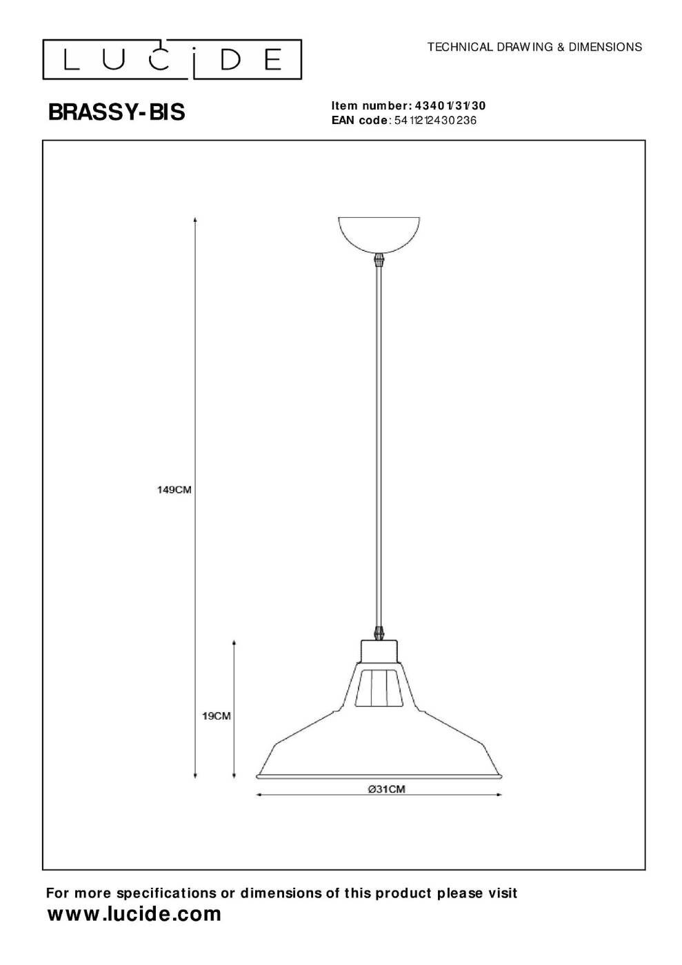 43401/31/30 Светильник подвесной Lucide Brassy-Bis 43401/31/30