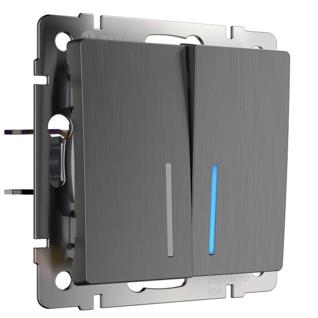 W1120104/ Выключатель двухклавишный с подсветкой (графит рифленый) Выключатель Werkel W1120104/ Выключатель двухклавишный с подсветкой (графит рифленый)