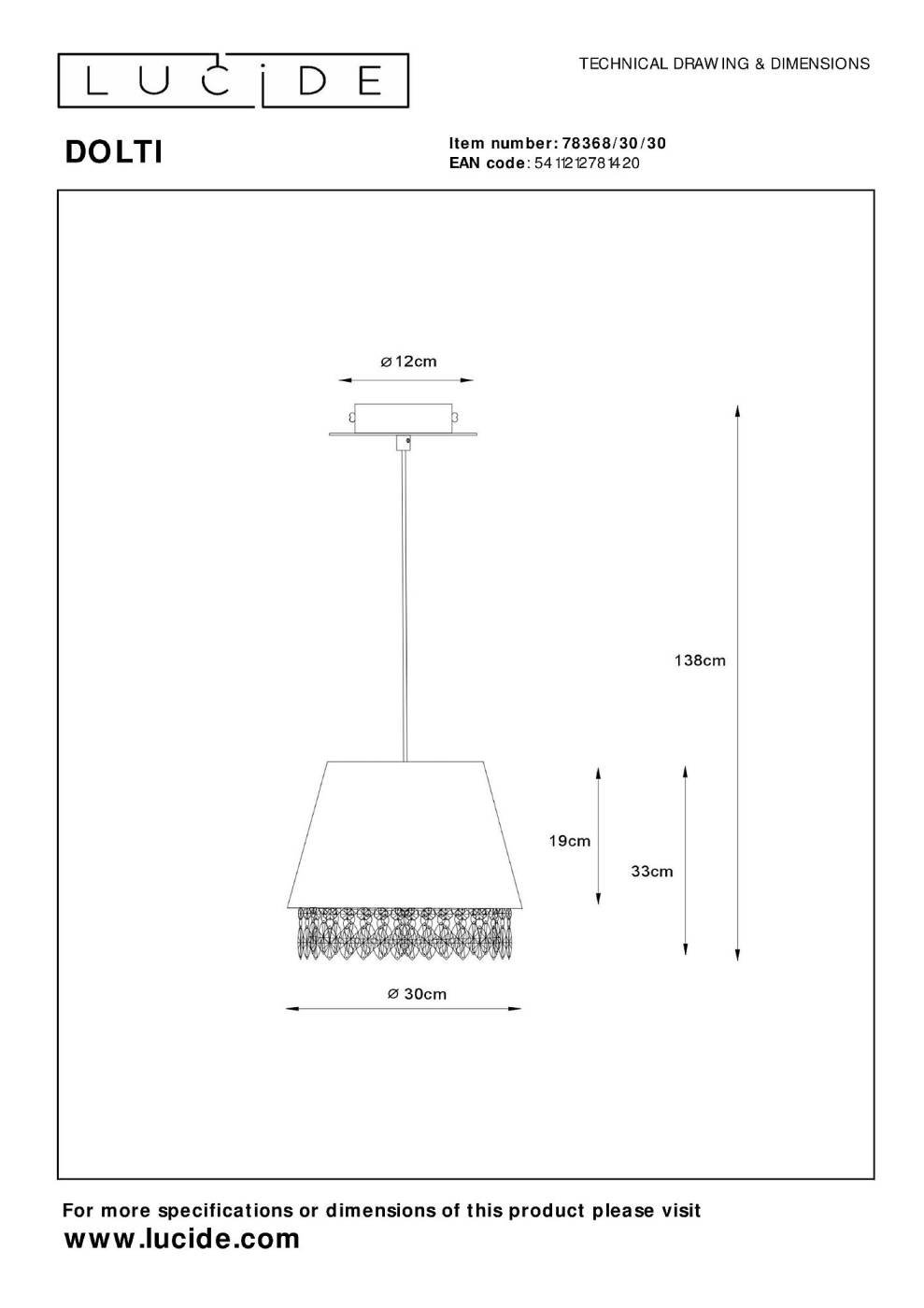 Светильник подвесной Lucide Dolti 78368/30/30