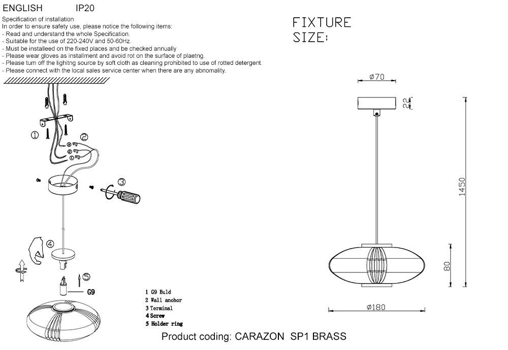 Светильник подвесной Crystal Lux Carazon CARAZON SP1 BRASS