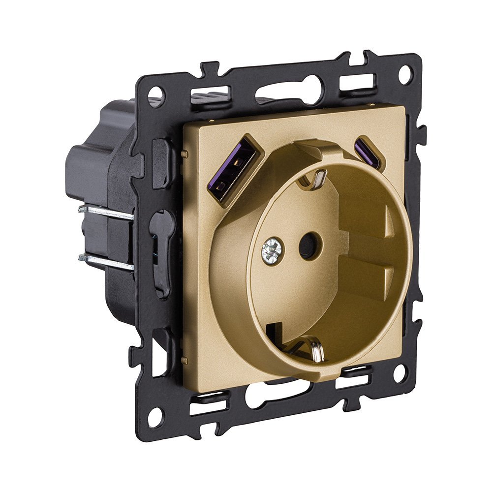 AS-016GD Розетка штепсельная SCHUKO 16A/250 В с USB A+C 20W, золотой Kollinger Asthetik AS-016GD