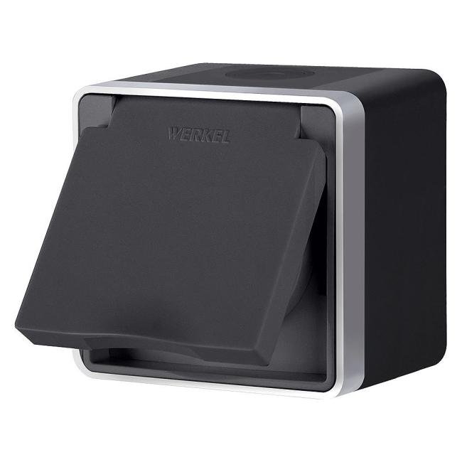 Розетка Werkel W5071234/ Розетка влагозащ. с зазем. с защит. крышкой и шторками Gallant (черный с серебром)