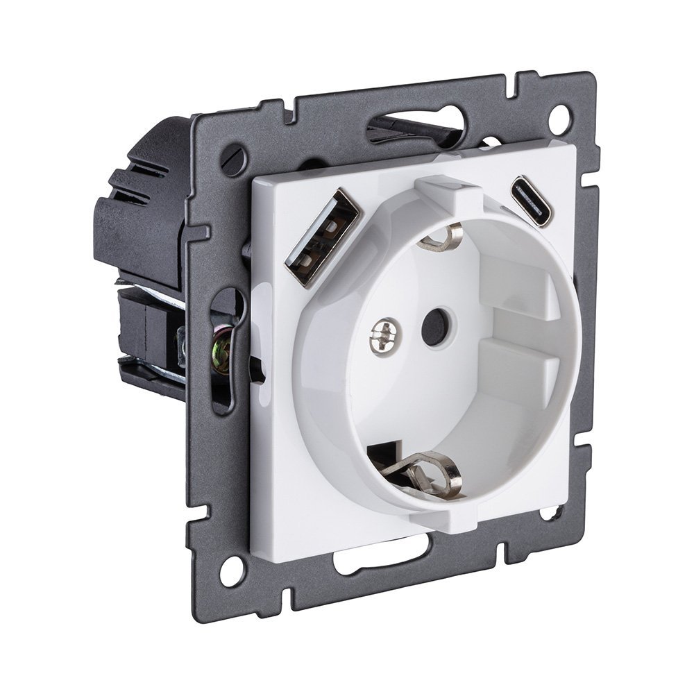 REA-004WH Розетка штепсельная SCHUKO 16A/250 В с USB A+C 20W, белый Kollinger REA-004WH для Aspekt, Eleganz, Reflex