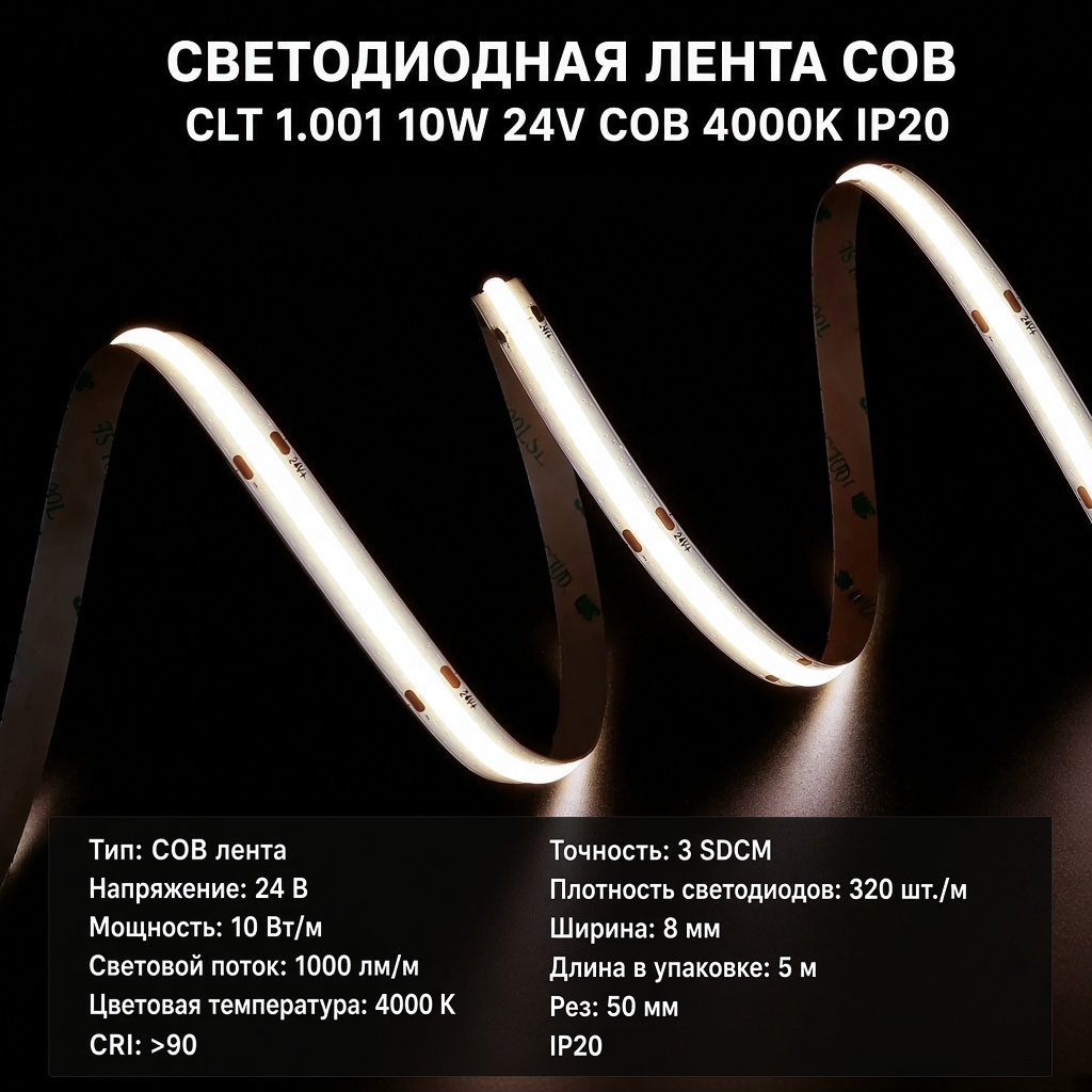 CLT 1.001 10W 24V COB 4000K IP20 Светодиодная лента Line Crystal Lux CLT 1.001 10W 24V COB 4000K IP20